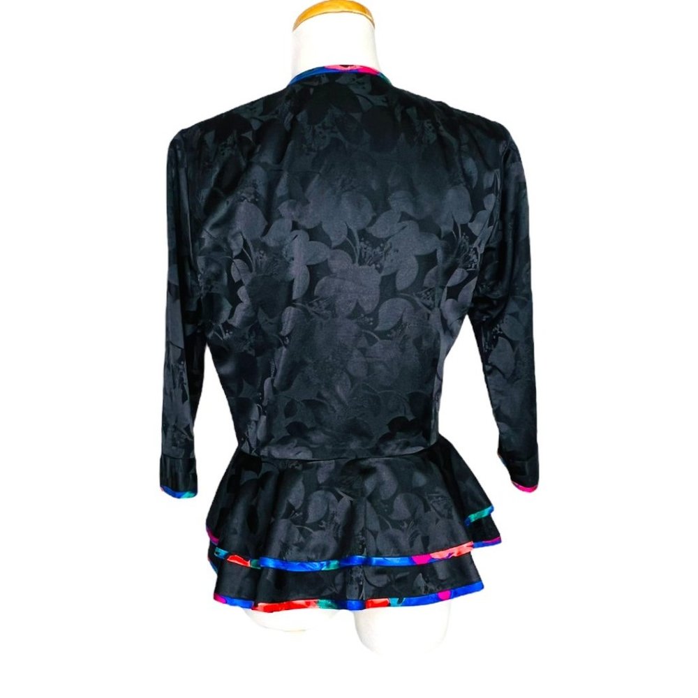 80s AJ Bari Jacquard Peplum Jacket 100% Silk Floral Piping Size 10 Vintage - Picture 6 of 12